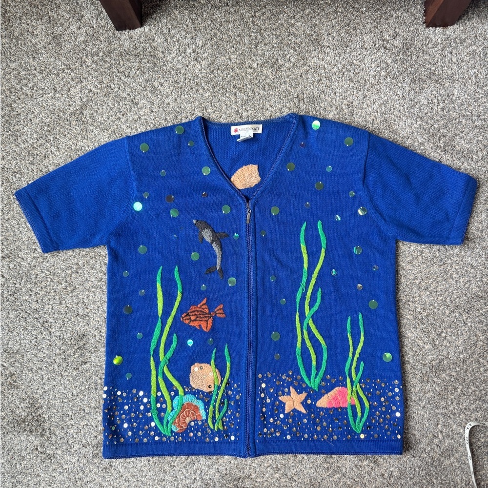 Ocean Scene Knit Zip-Up Cardigan - Blue